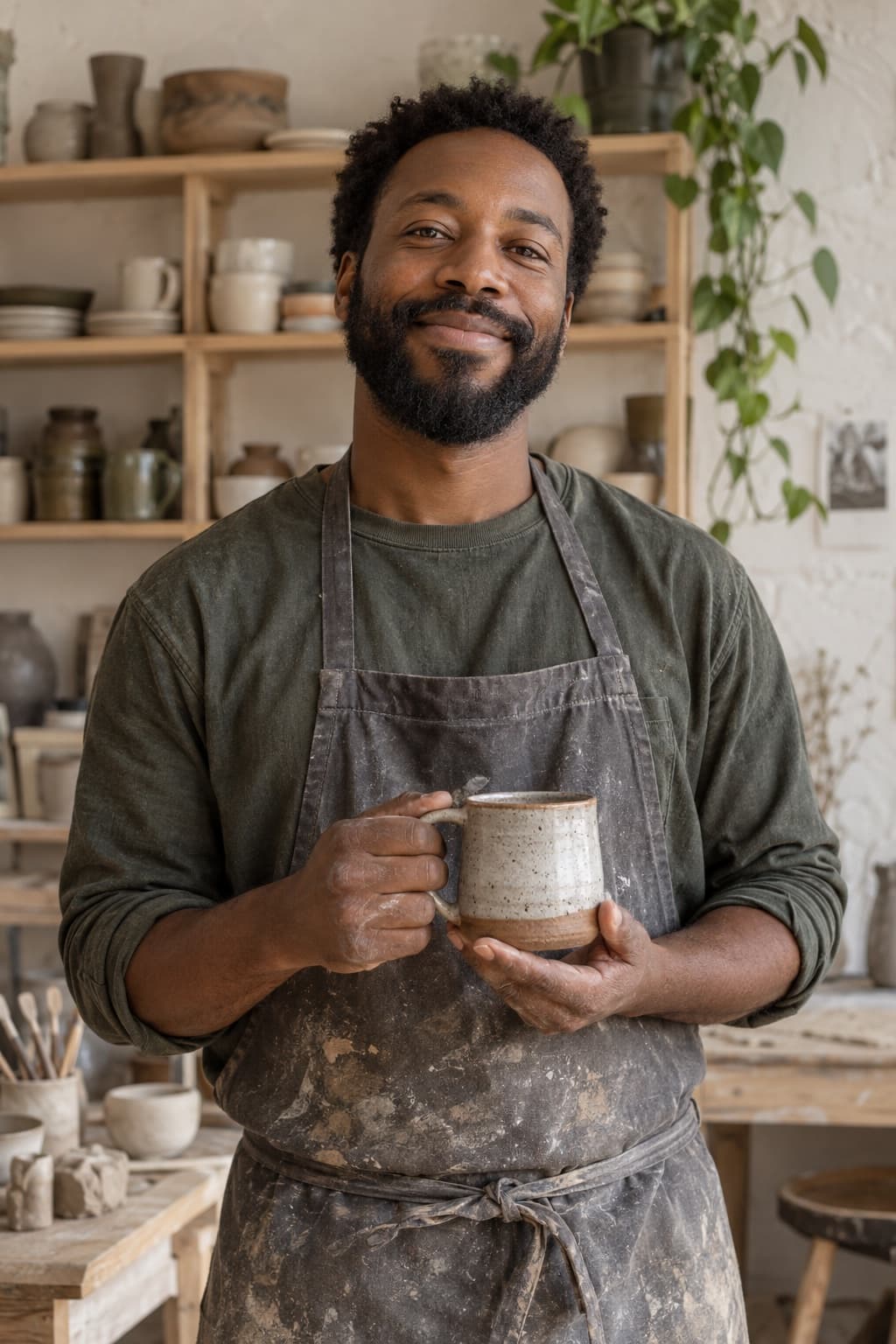 A ceramic maker holding a hand-thrown mug